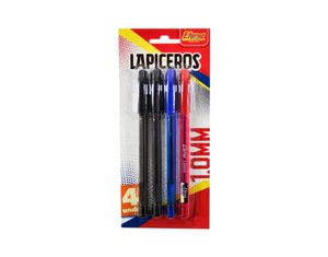 Set Lapiceros 1.0mm Negro, Azul, Rojo x 4 Eterna