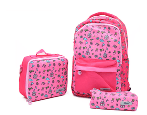 Morral, cartuchera y lonchera estampado de castillo rosado